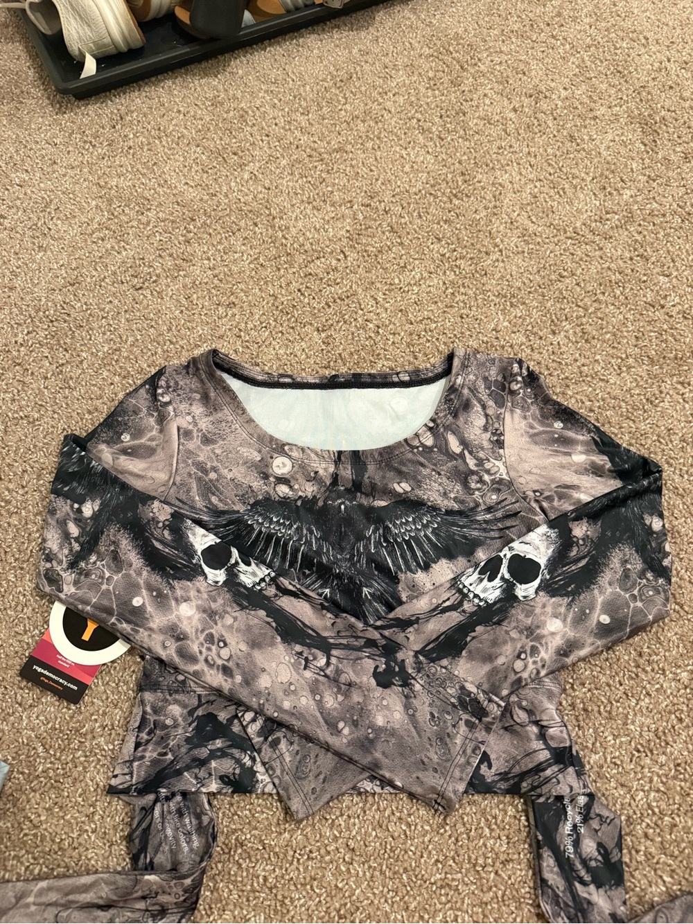 Skull & Wings Long Sleeve Crop Top in Charcoal